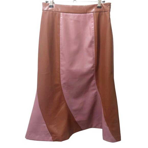 NWT Voy Brown & Mauve Colorblock Faux Leather Midi Skirt~Side Zip~SMALL - Picture 1 of 6